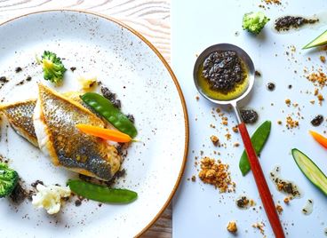 Печен лаврак с каперси, спанак и сладък картоф